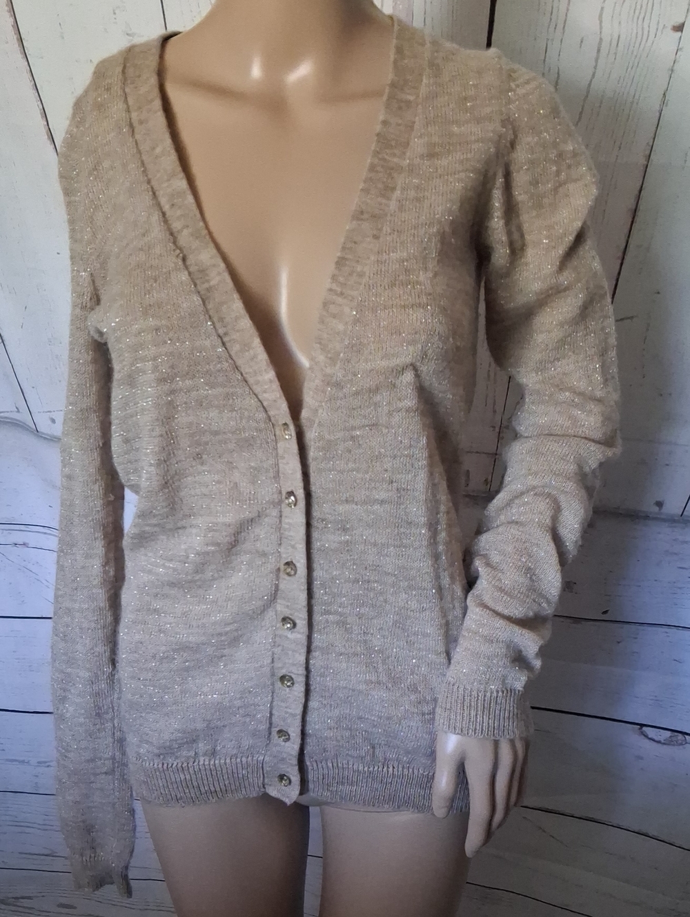 Express Beige Sparkle V-Neck Button Cardigan Sweater Size Medium